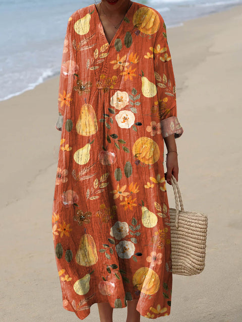 Women's Lovely Autumn Pumpkin Art Print Cotton Dress