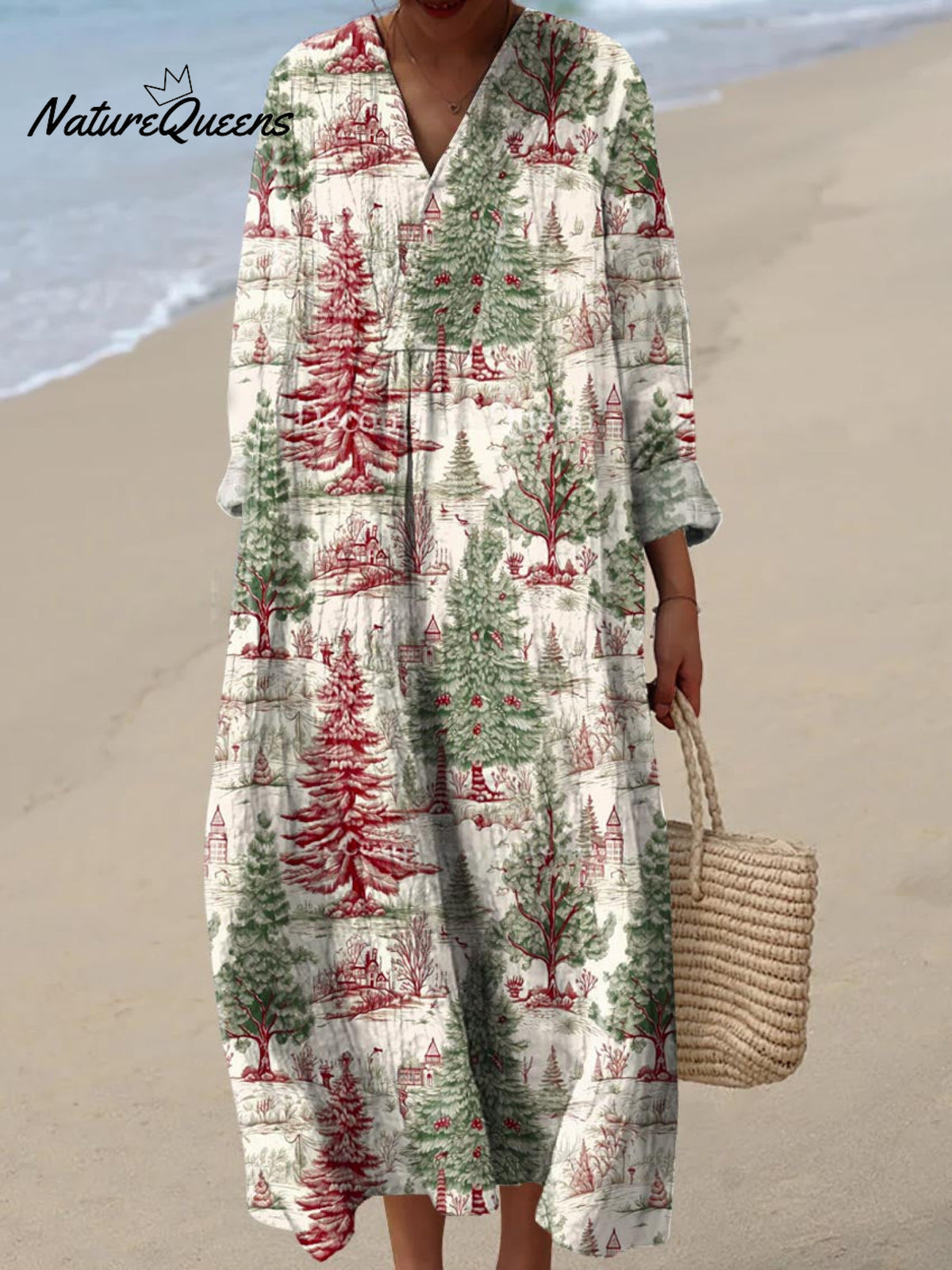 Women's Lovely Christmas Tree Pattern Art Print Cotton Dress