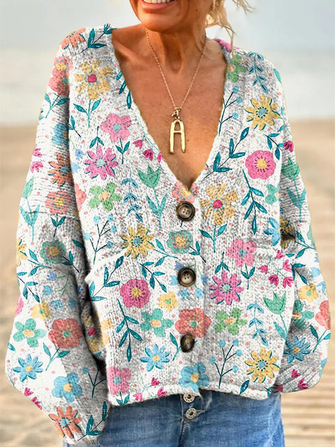 Women's Lovely Floral Art Print Casual Pullover Sweater