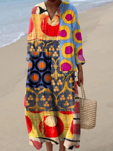 Women's Abstract Patchwork Pattern Art Print Cotton Dress