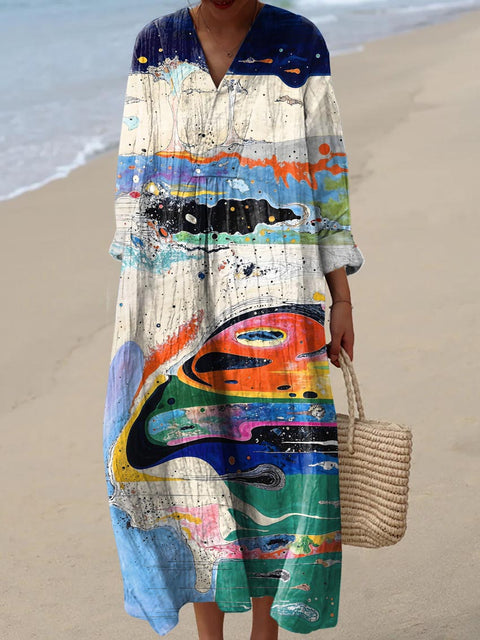 Women's Abstract Patchwork Pattern Art Print Cotton Dress