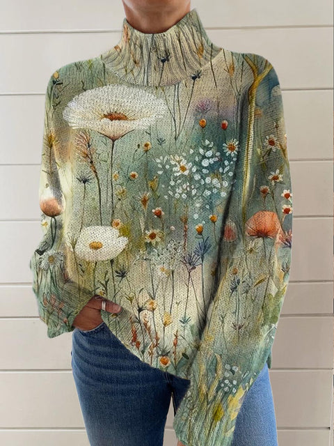 Women's Floral Art Print Knit Turtleneck Pullover Sweater
