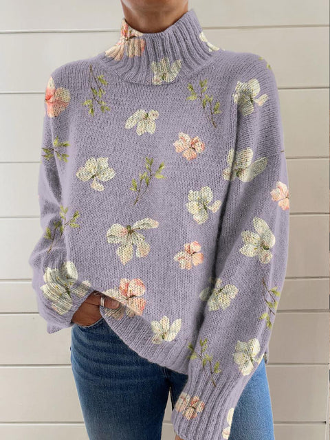 Women's Floral Art Print Knit Turtleneck Pullover Sweater