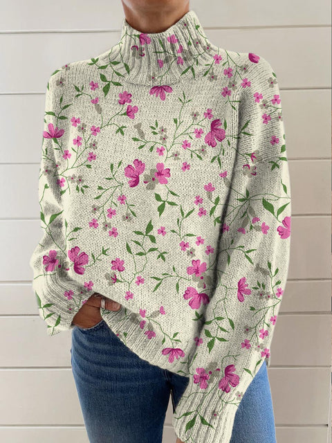 Women's Floral Art Print Knit Turtleneck Pullover Sweater
