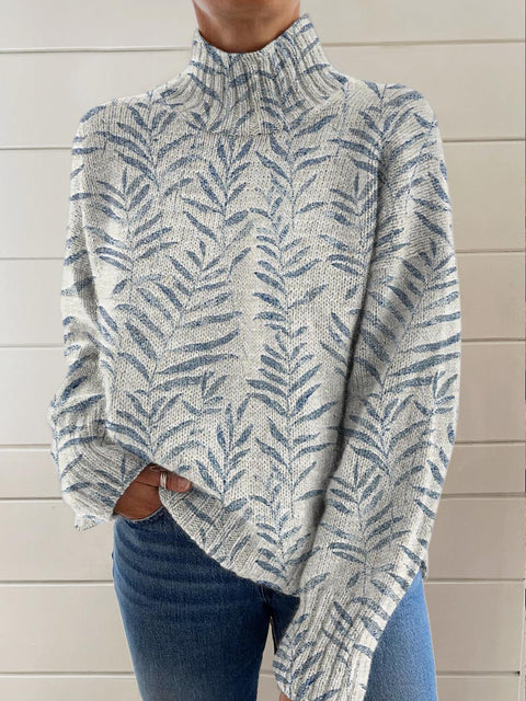 Women's Leaves Art Print Knit Turtleneck Pullover Sweater
