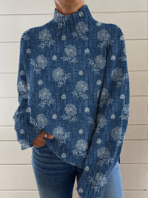 Women's Floral Art Print Knit Turtleneck Pullover Sweater