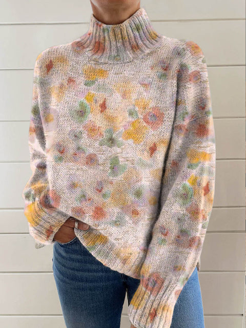 Women's Floral Art Print Knit Turtleneck Pullover Sweater