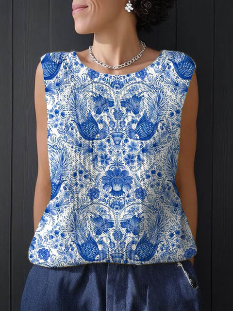 Women's Floral Art Print Casual Knitting Sleeveless Top