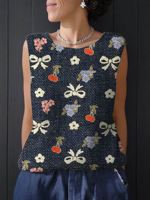 Women's Lovely Cherry Bow Art Print Casual Knitting Sleeveless Top
