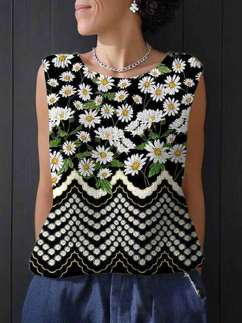 Women's Floral Art Print Casual Knitting Sleeveless Top