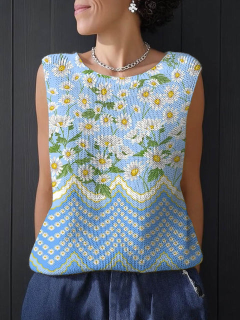 Women's Floral Art Print Casual Knitting Sleeveless Top