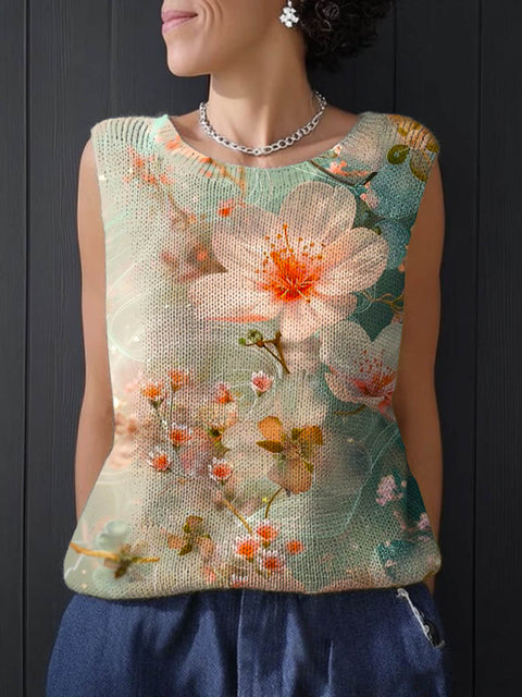 Women's Floral Art Print Casual Knitting Sleeveless Top