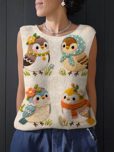 Women's Lovely Birds Art Print Casual Knitting Sleeveless Top
