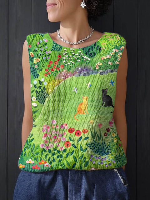 Women's Lovely Cats Floral Art Print Casual Knitting Sleeveless Top