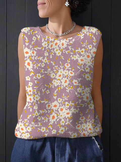 Women's Floral Art Print Casual Knitting Sleeveless Top