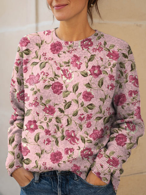 Women's Floral Pattern Art Print Knit Pullover Sweater