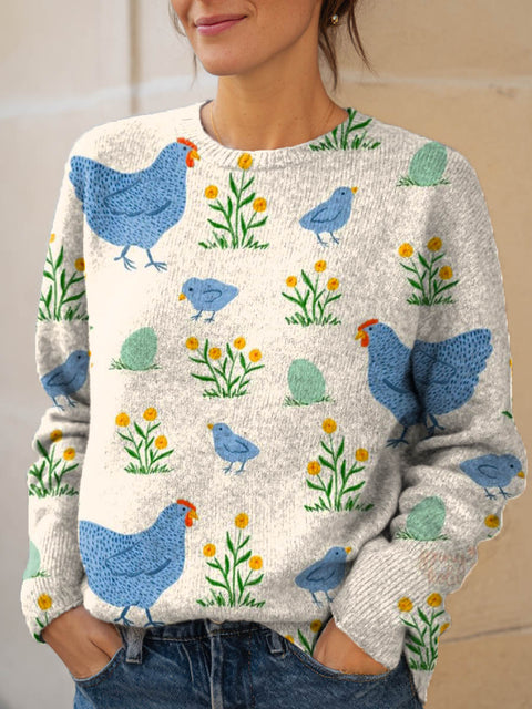 Women's Chicken Floral Pattern Art Print Knit Pullover Sweater