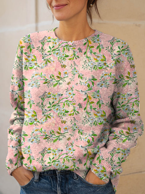 Women's Floral Pattern Art Print Knit Pullover Sweater