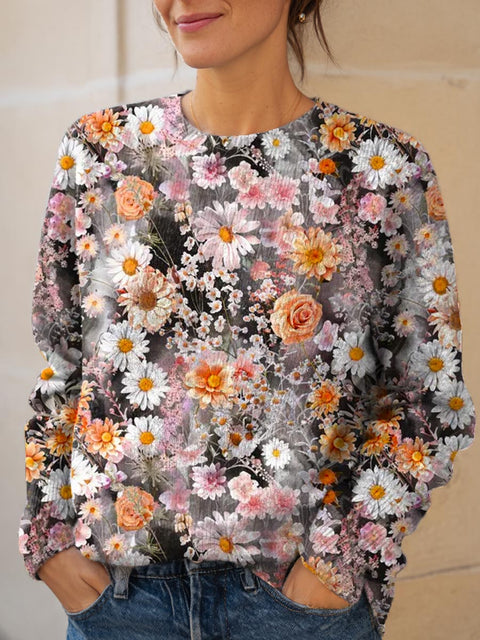 Women's Floral Pattern Art Print Knit Pullover Sweater