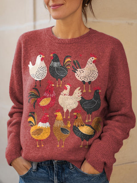 Women's Chicken Pattern Art Print Knit Pullover Sweater