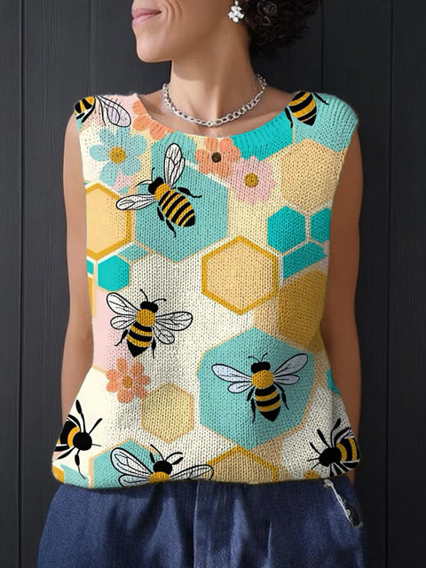 Women's Lovely Bee Art Print Casual Knitting Top