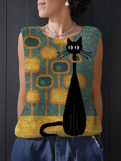 Women's Lovely Cat Art Print Casual Knitting Top