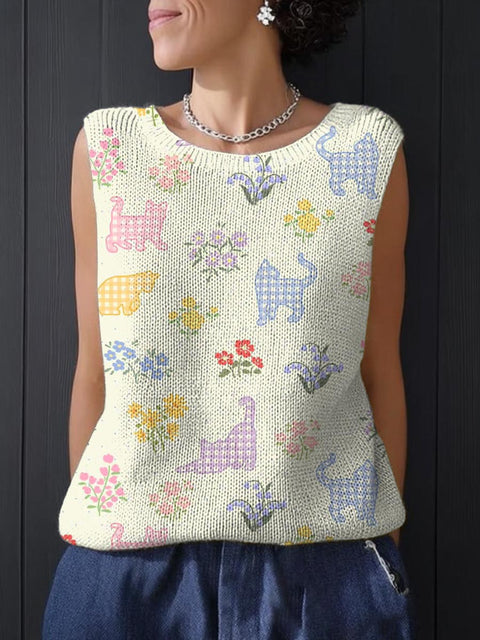 Women's Lovely Cats Floral Art Print Casual Knitting Top