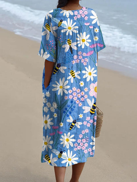 Women's Lovely Floral Bees Art Print Flowy Cotton Dress