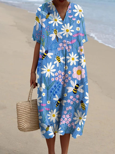 Women's Lovely Floral Bees Art Print Flowy Cotton Dress