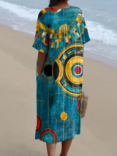 Women's Geometric Pattern Art Print Flowy Cotton Dress