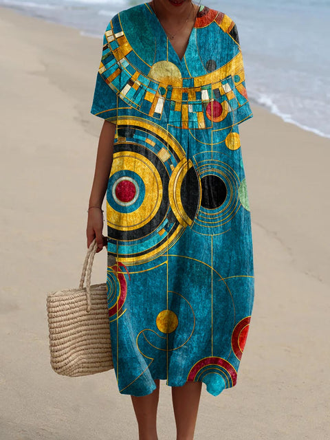 Women's Geometric Pattern Art Print Flowy Cotton Dress