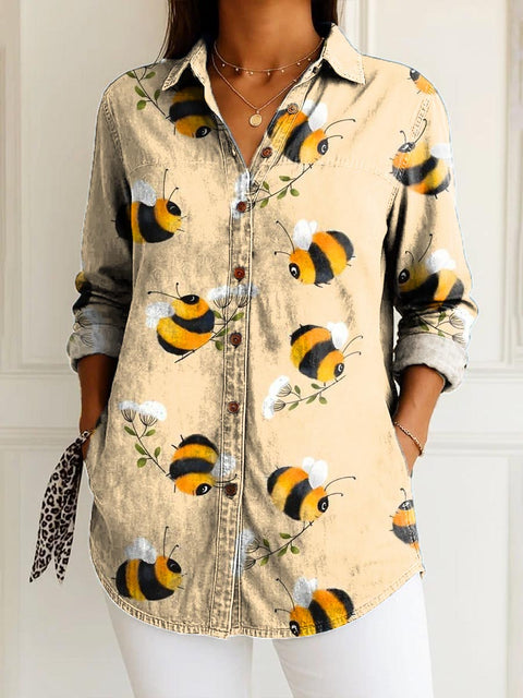 Women's Lovely Bees Art Print Casual Cotton Shirt