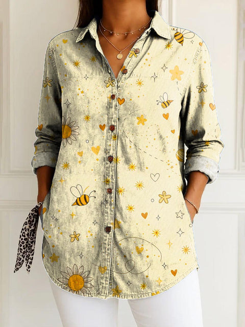Women's Lovely Bees Art Print Casual Cotton Shirt