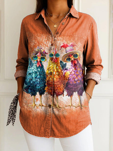 Women's Funny Chicken Pattern Art Print Casual Cotton Shirt
