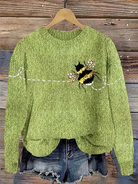 Women's Lovely Bee Art Print Knit Pullover Sweater