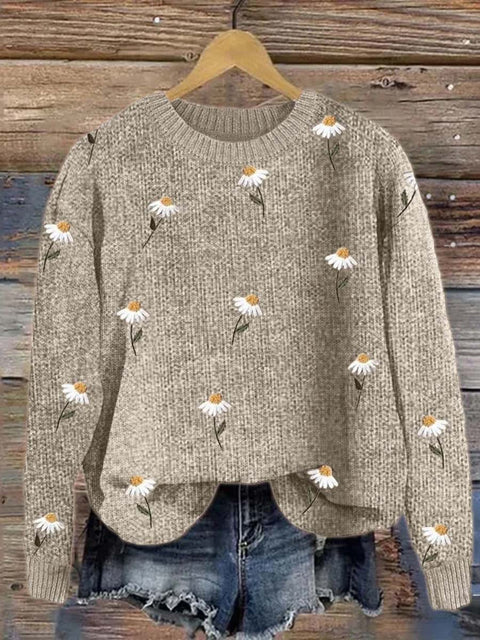 Women's Lovely Floral Art Print Knit Pullover Sweater