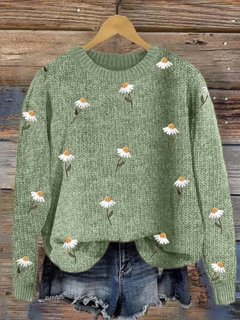 Women's Lovely Floral Art Print Knit Pullover Sweater