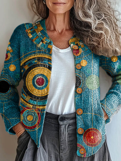 Women's Geometric Pattern Art Print Buttoned Cardigan Sweater
