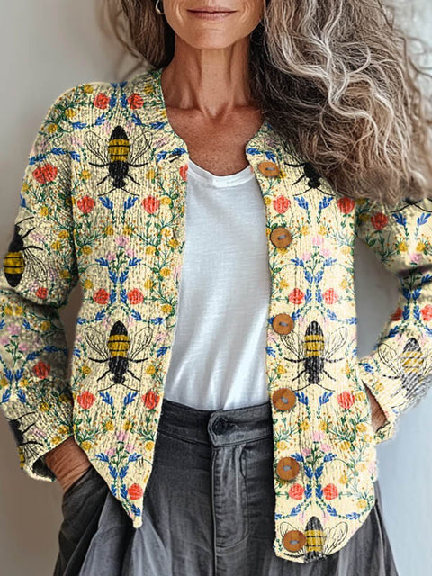 Women's Lovely Bees Floral Art Print Buttoned Cardigan Sweater