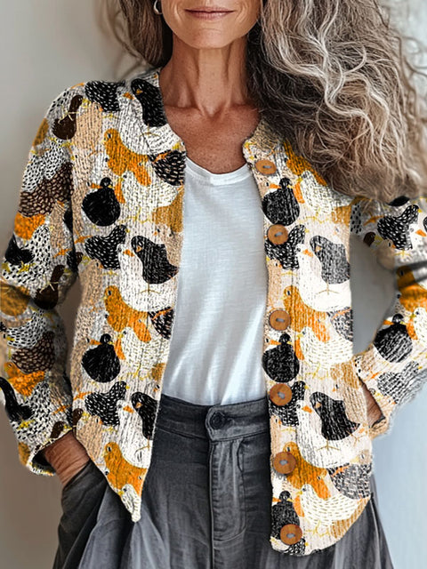 Women's Lovely Chicken Art Print Buttoned Cardigan Sweater