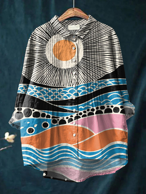 Women's Abstract Pattern Art Print Casual Cotton And Linen Ruffle Shirt