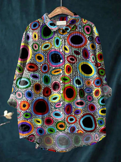 Women's Abstract Pattern Art Print Casual Cotton And Linen Ruffle Shirt