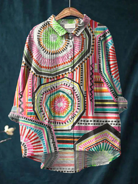 Women's Abstract Pattern Art Print Casual Cotton And Linen Ruffle Shirt
