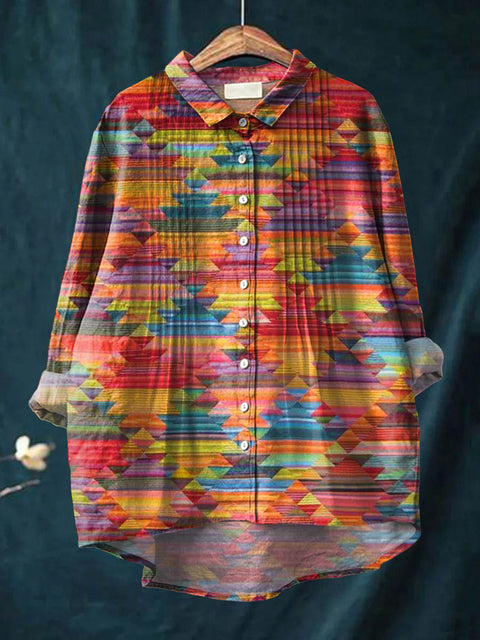 Women's Abstract Geometric Pattern Art Print Casual Cotton And Linen Ruffle Shirt