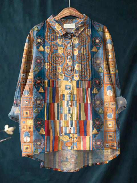 Women's Abstract Geometric Pattern Art Print Casual Cotton And Linen Ruffle Shirt