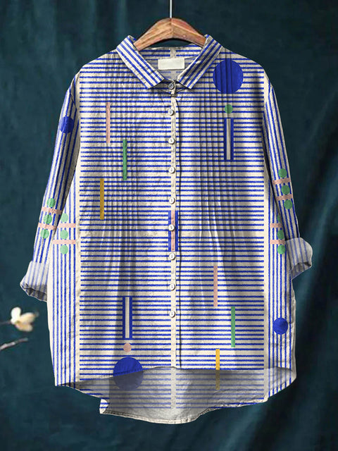 Women's Abstract Geometric Pattern Art Print Casual Cotton And Linen Ruffle Shirt