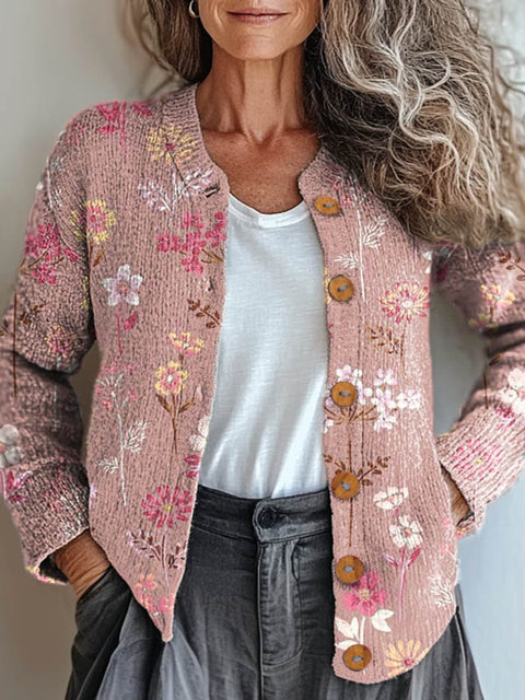 Women's Floral Art Print Buttoned Cardigan Sweater