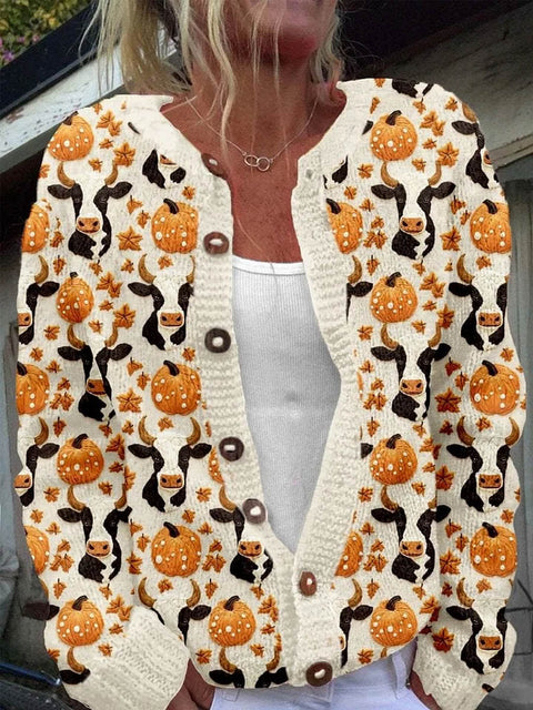 Women's Pumpkin Cow Pattern Art Print Buttoned Cardigan Sweater