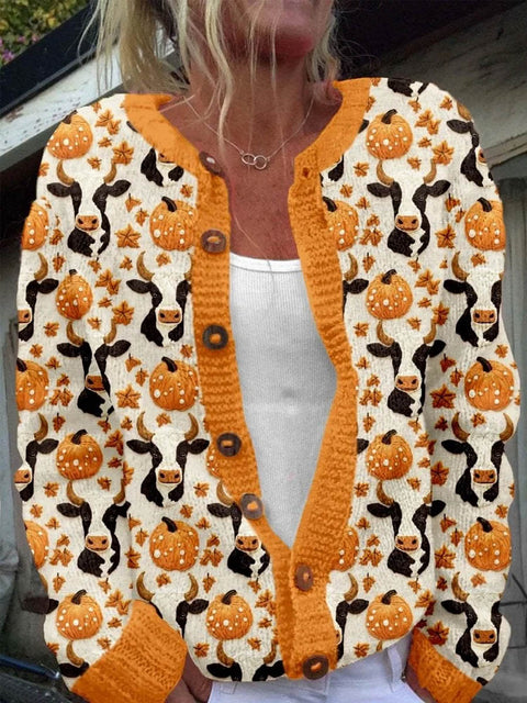 Women's Pumpkin Cow Pattern Art Print Buttoned Cardigan Sweater