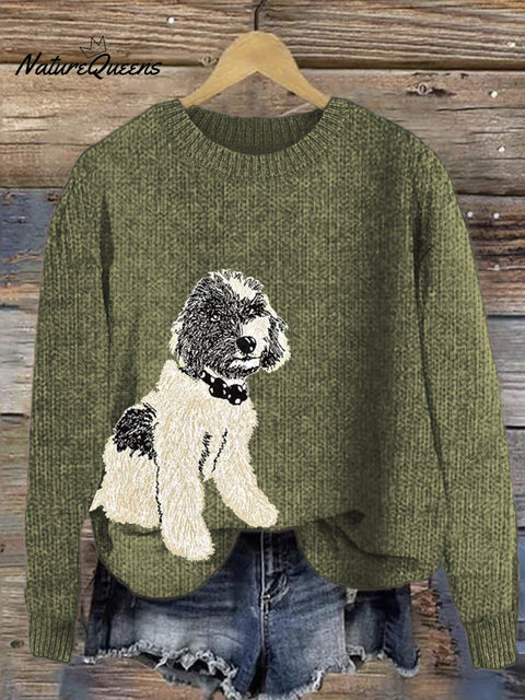 Lovely Dog Art Print Knit Pullover Sweater